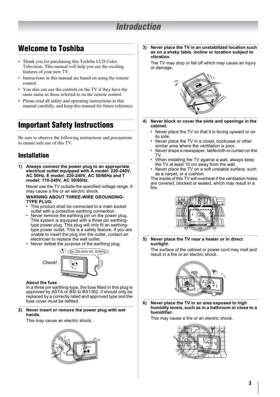 Introduction, Welcome to toshiba, Important safety instructions | Installation | Toshiba 37A3000A User Manual | Page 3 / 28