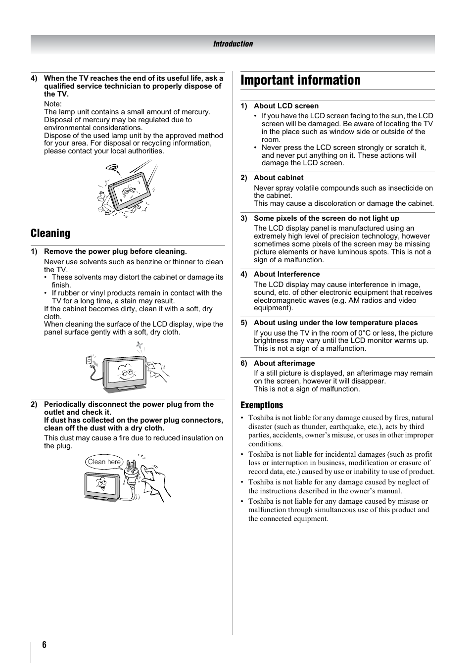 Important information, Cleaning | Toshiba 37A3000A User Manual | Page 6 / 28