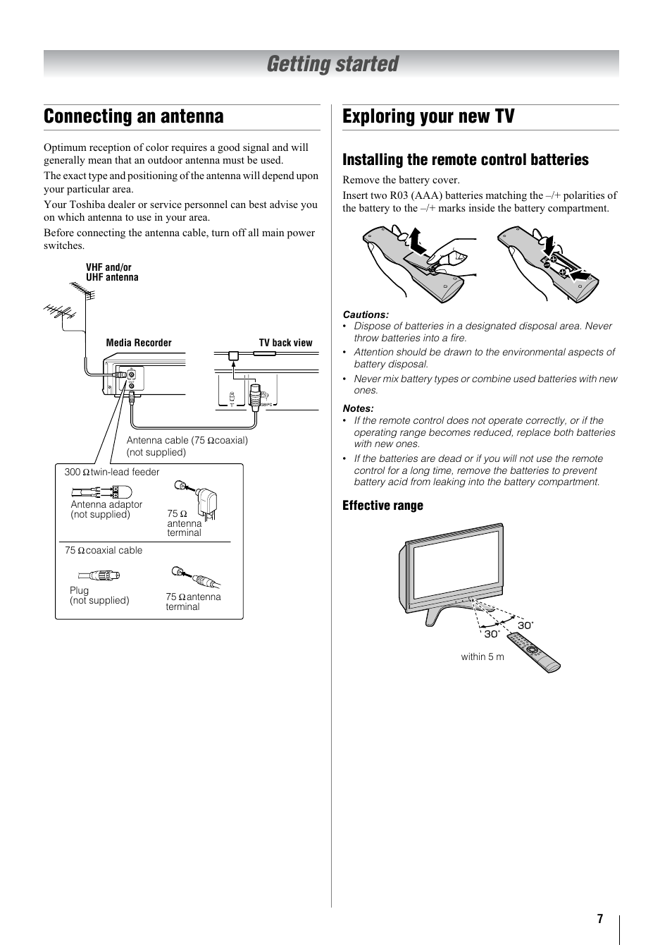 Getting started, Connecting an antenna, Exploring your new tv | Installing the remote control batteries | Toshiba 37A3000A User Manual | Page 7 / 28