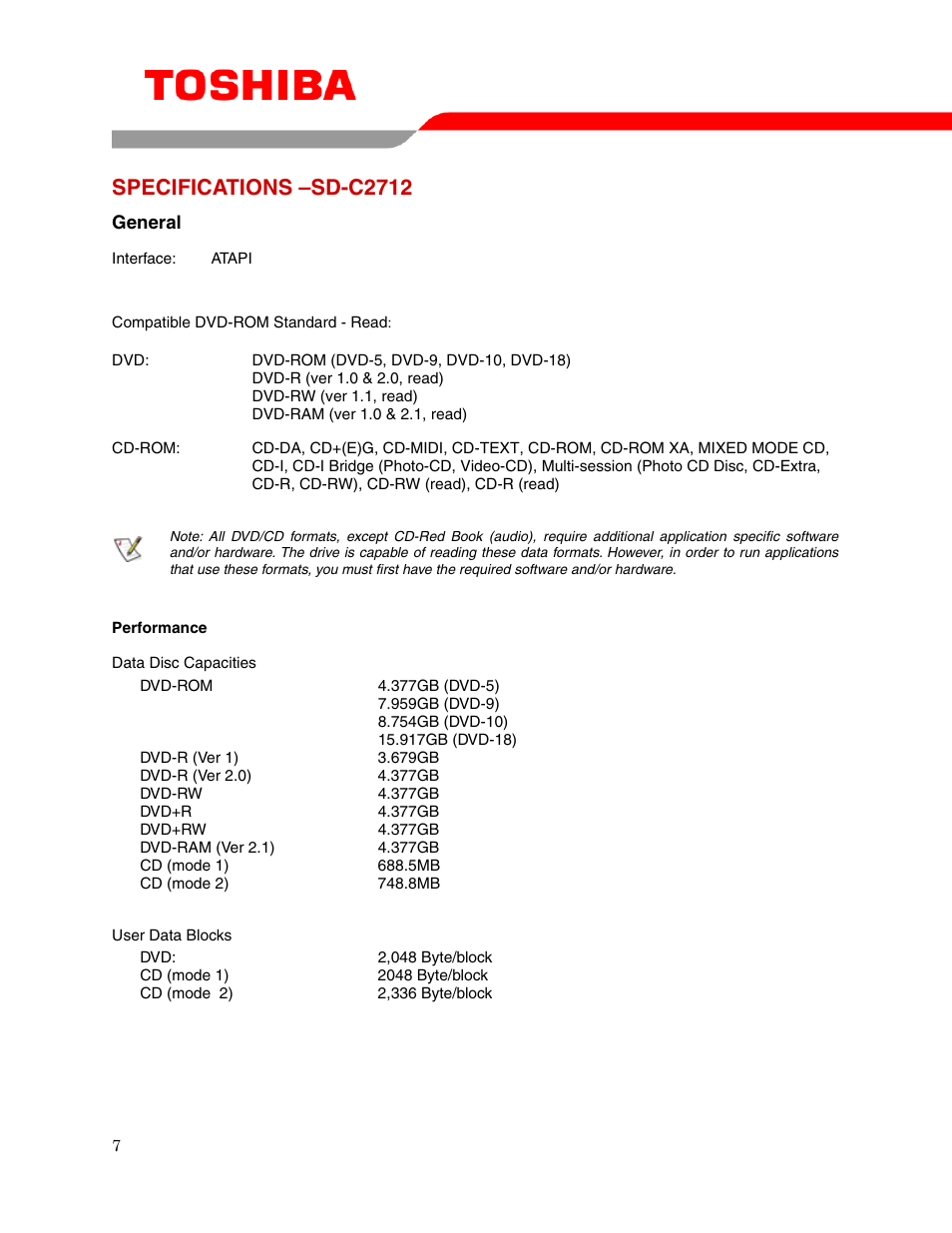 Specifications –sd-c2712 | Toshiba SD-C2712 User Manual | Page 9 / 12