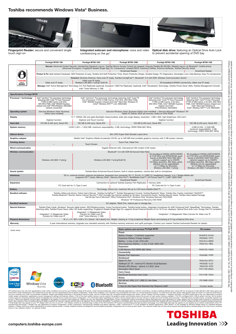 Toshiba recommends windows vista, Business | Toshiba PDR-M700 User Manual | Page 2 / 2