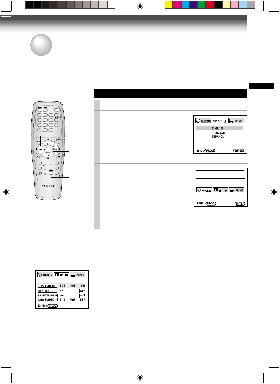 Initial settings using on-screen display, Setting the language, Optional settings on the set up screen | Press power to turn on the vcr, Press prog, Press prog. to return to the normal tv screen, The following screen appears on the tv, The screen turns to the menu screen | Toshiba W-522 User Manual | Page 15 / 35