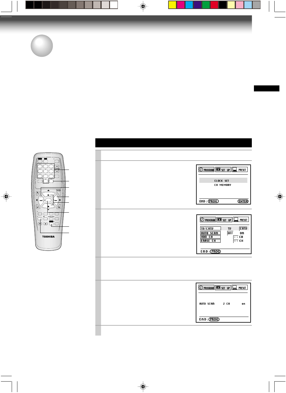 Storing channels on the vcr, Incoming antenna/cable(catv) signals, Press prog . to display the menu screen | Select “preset” using ff or rew , and press enter, Set “tv/catv“ to “tv” or “catv” using ff or rew, Press prog. twice to exit | Toshiba W-522 User Manual | Page 17 / 35