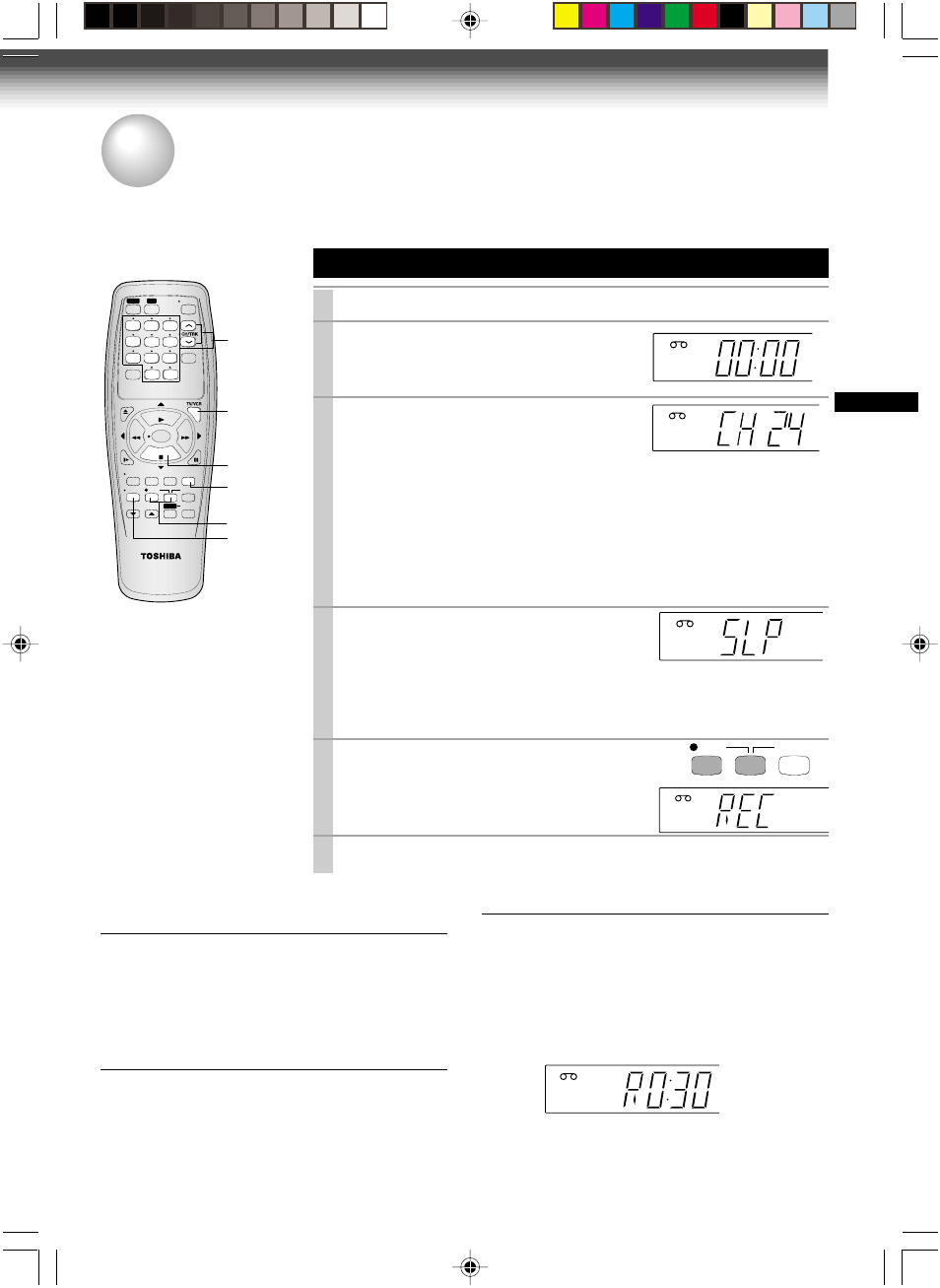 Recording, Recording a tv program, Basic recording | Watching a tv program while recording another, Skipping unnecessary scenes while recording, Load a cassette with the safety tab attached, Press sp/slp to select the recording tape speed | Toshiba W-522 User Manual | Page 25 / 35