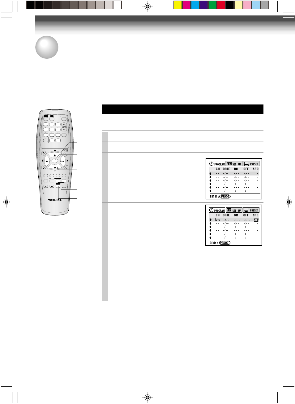 Timer program recording, Timer programming procedure, Load a cassette with the safety tab attached | Press prog . to display the menu screen, Select “program” using ff or rew , and press enter, Play ff, Stop rew, Number buttons | Toshiba W-522 User Manual | Page 26 / 35