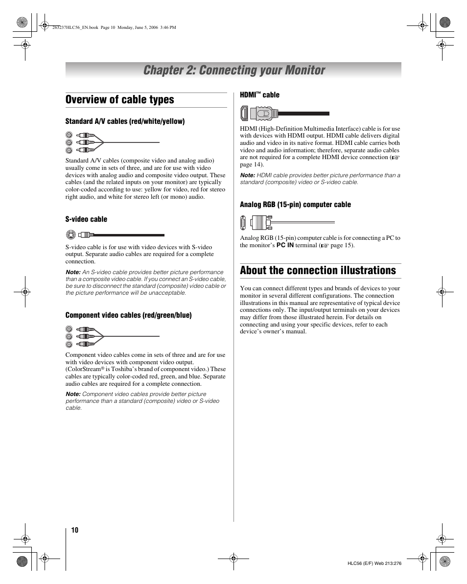 Chapter 2: connecting your monitor, Overview of cable types, About the connection illustrations | Toshiba 32HLC56 User Manual | Page 10 / 46