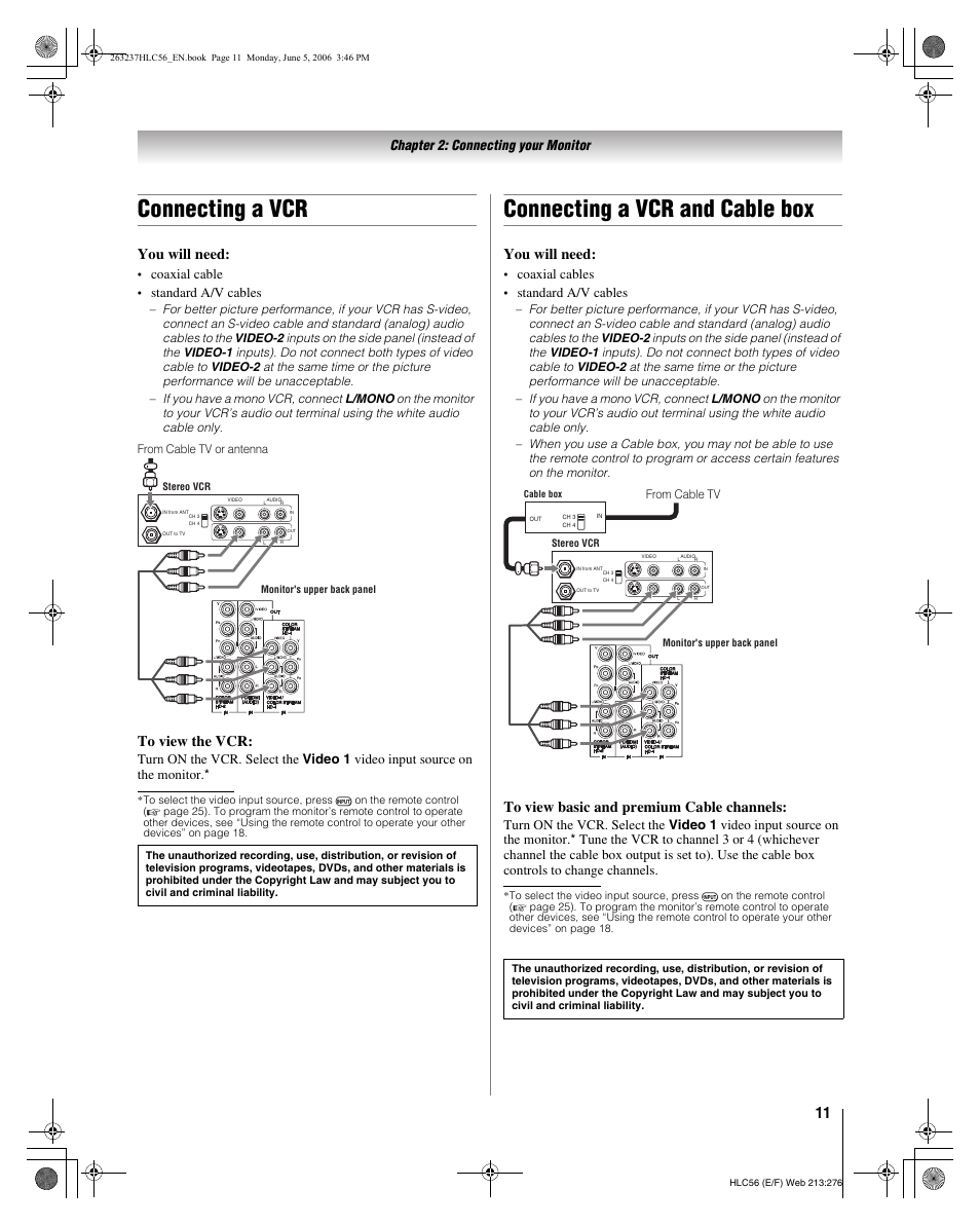 Connecting a vcr, Connecting a vcr and cable box, You will need | Chapter 2: connecting your monitor, Coaxial cable, Standard a/v cables, Coaxial cables | Toshiba 32HLC56 User Manual | Page 11 / 46