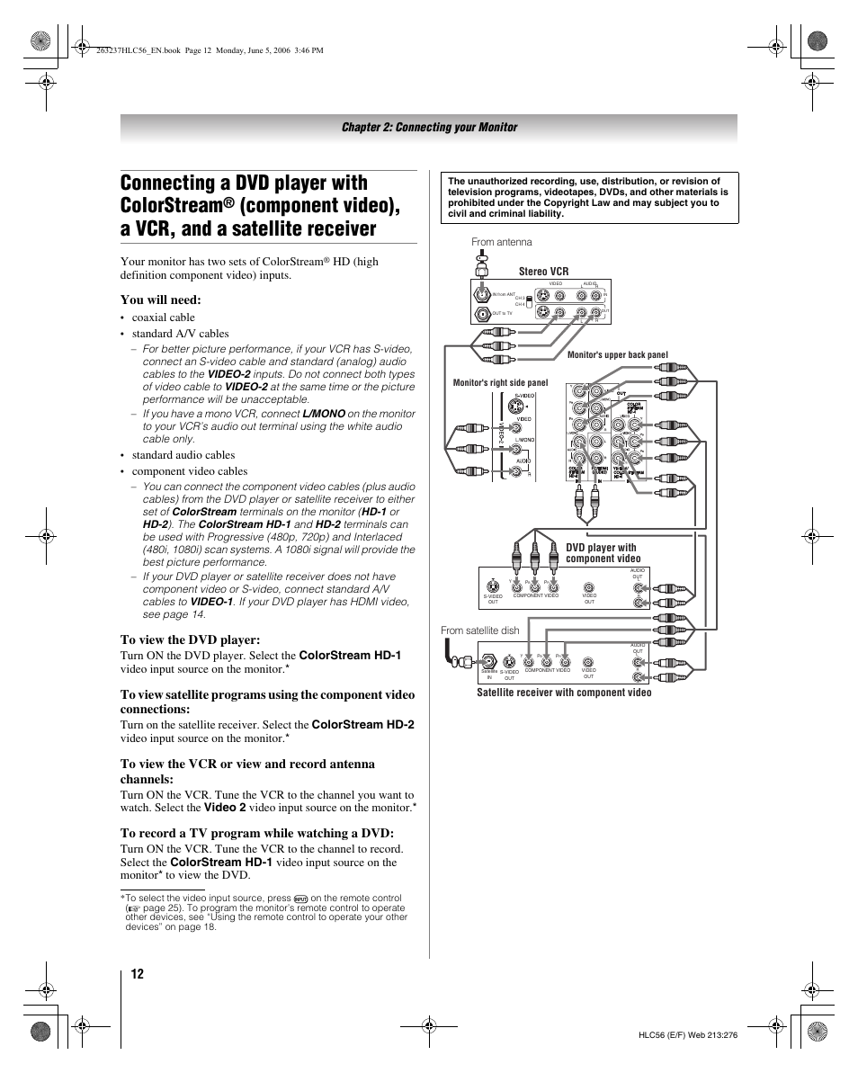 Connecting a dvd player with colorstream, Component video), a vcr, and a satellite receiver, You will need | Chapter 2: connecting your monitor, Your monitor has two sets of colorstream, Hd (high definition component video) inputs, Coaxial cable, Standard a/v cables, Standard audio cables, Component video cables | Toshiba 32HLC56 User Manual | Page 12 / 46