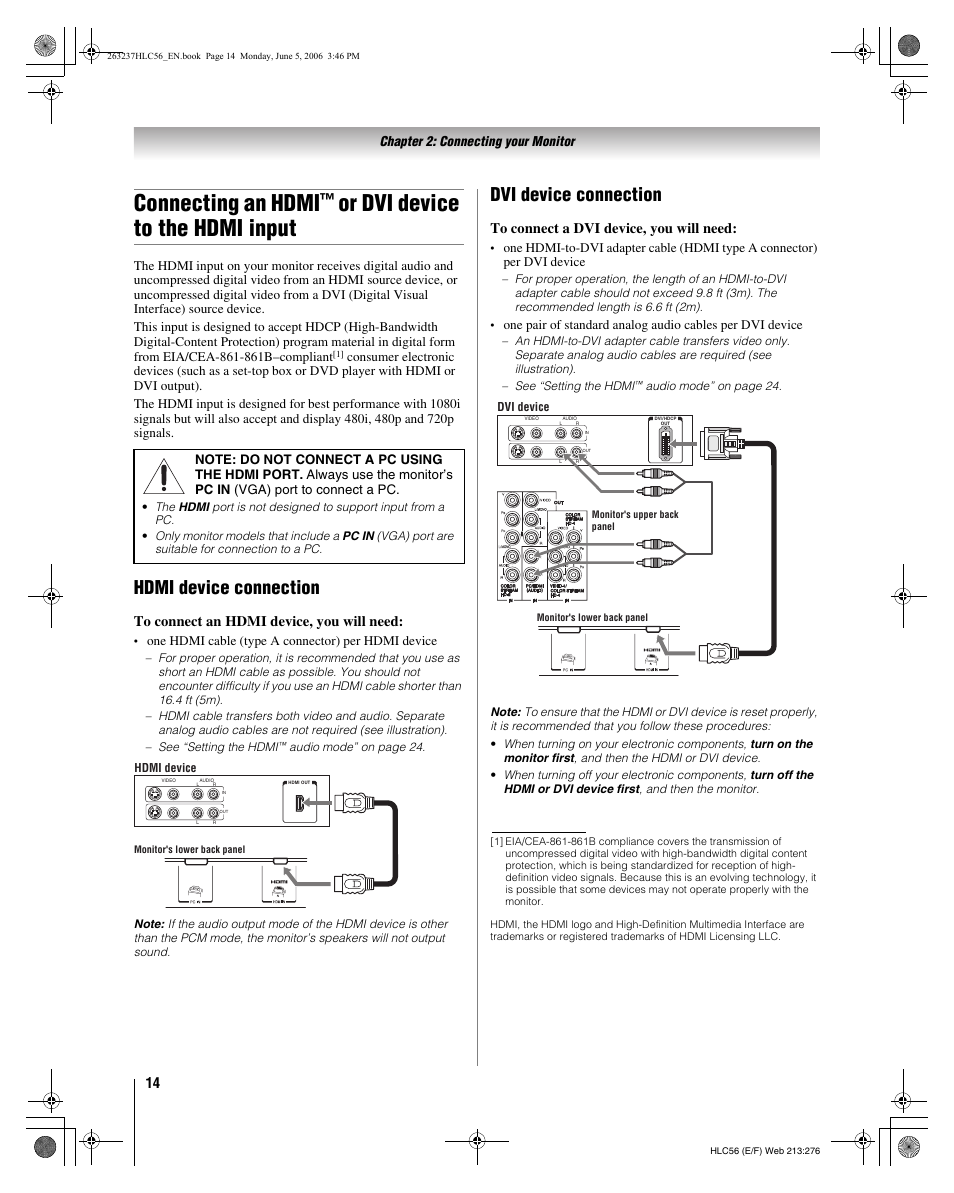 Connecting an hdmi, Or dvi device to the hdmi input, Hdmi device connection | Dvi device connection | Toshiba 32HLC56 User Manual | Page 14 / 46