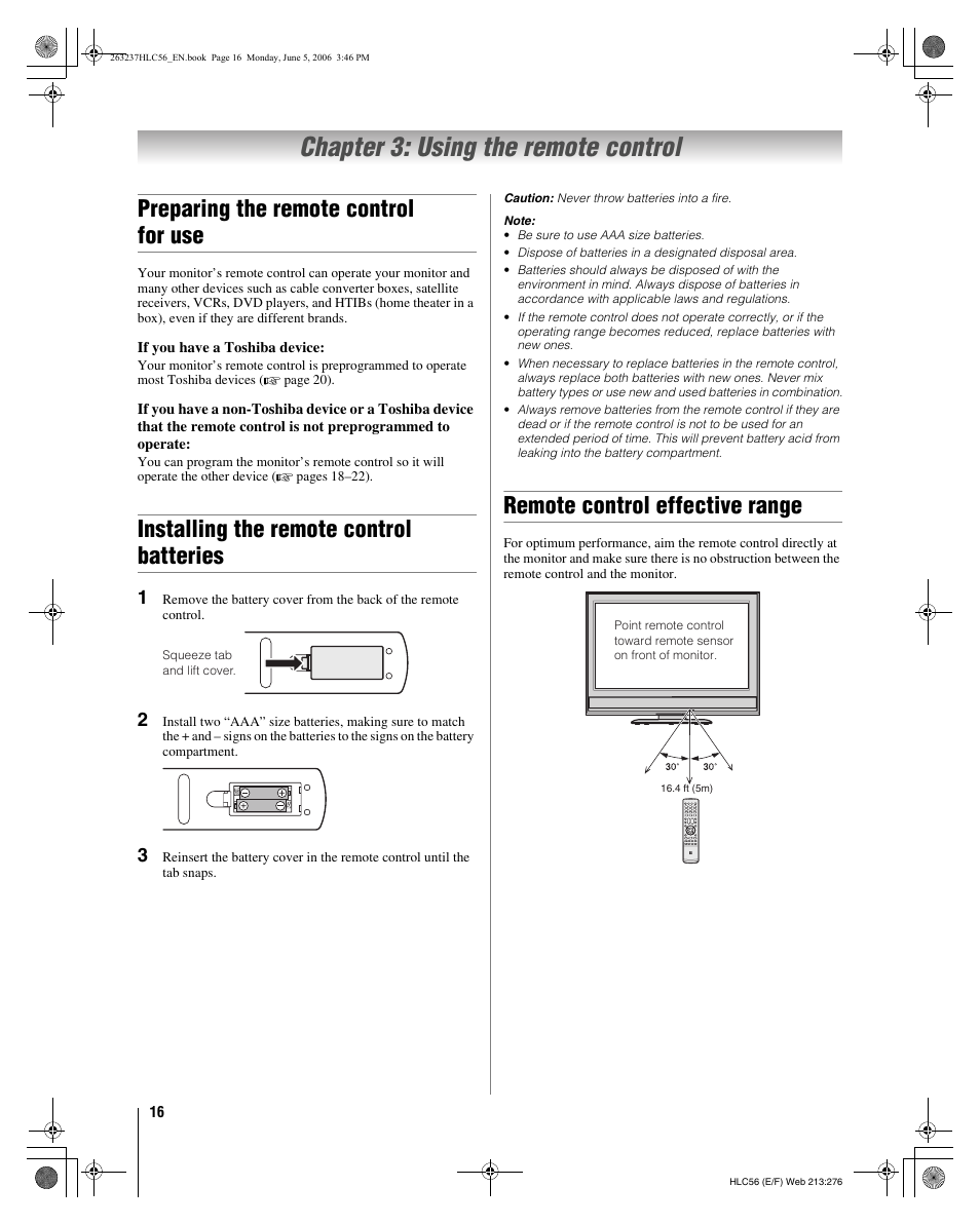 Chapter 3: using the remote control, Preparing the remote control for use, Installing the remote control batteries | Remote control effective range | Toshiba 32HLC56 User Manual | Page 16 / 46