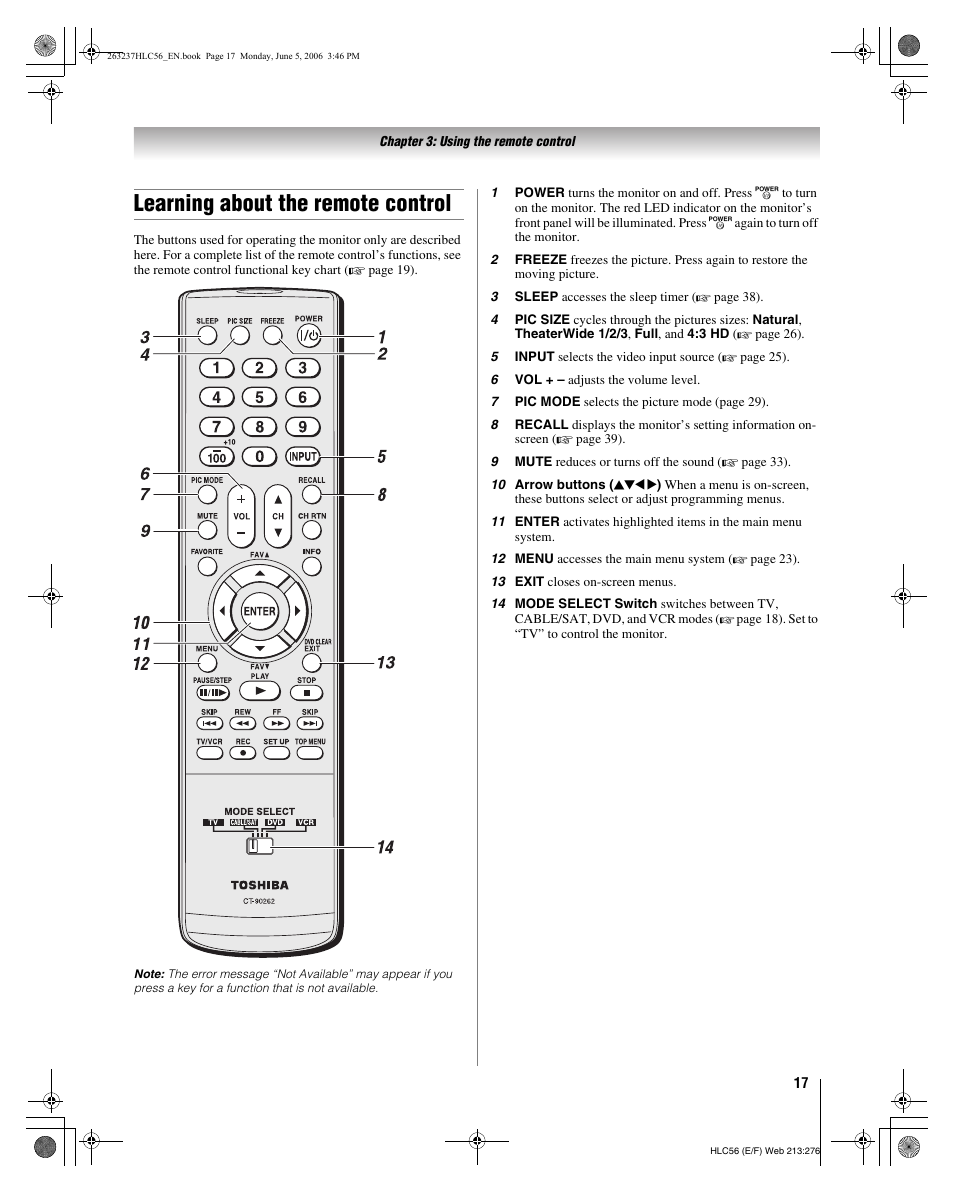 Learning about the remote control | Toshiba 32HLC56 User Manual | Page 17 / 46