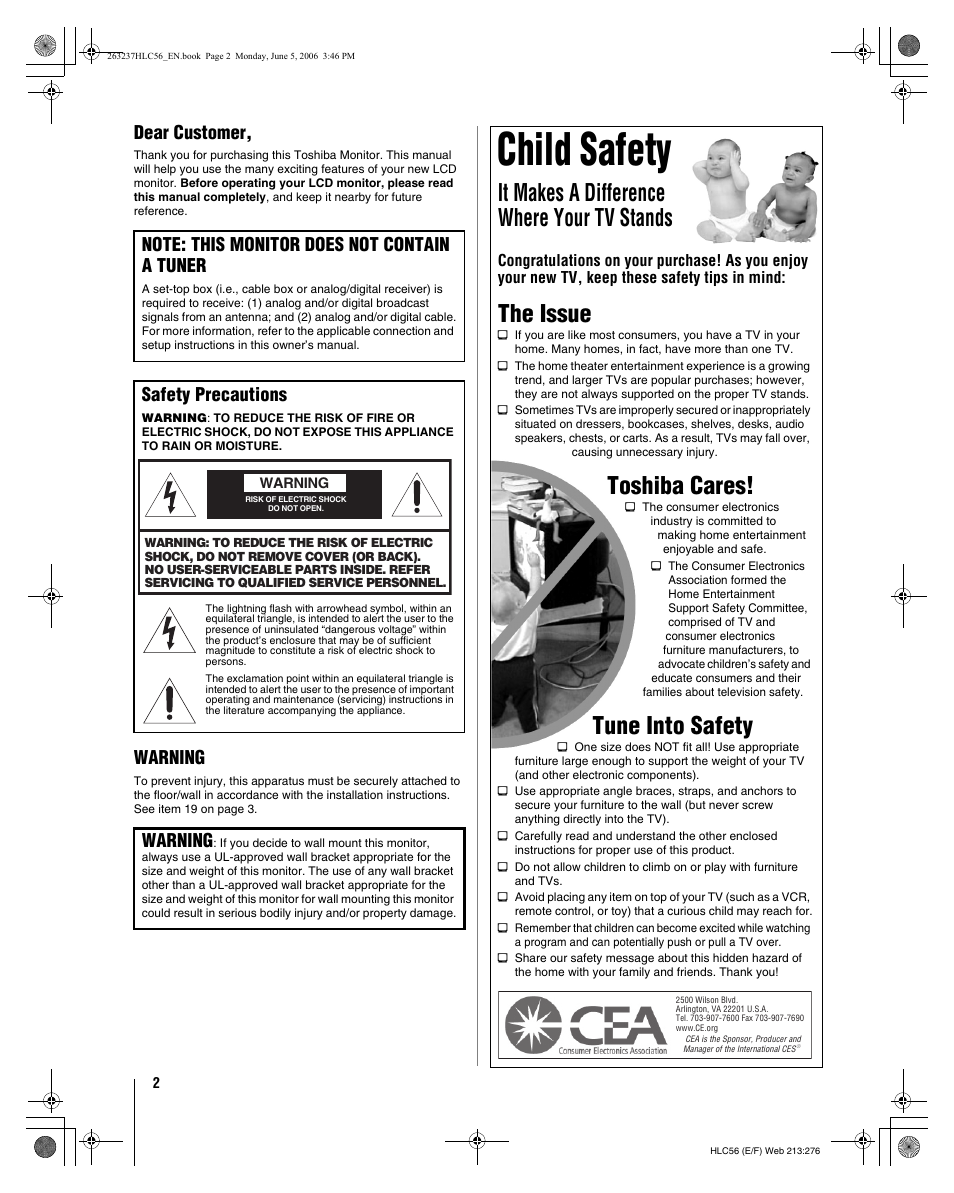 Child safety, It makes a difference where your tv stands, The issue | Toshiba cares, Tune into safety, Dear customer, Warning, Safety precautions | Toshiba 32HLC56 User Manual | Page 2 / 46