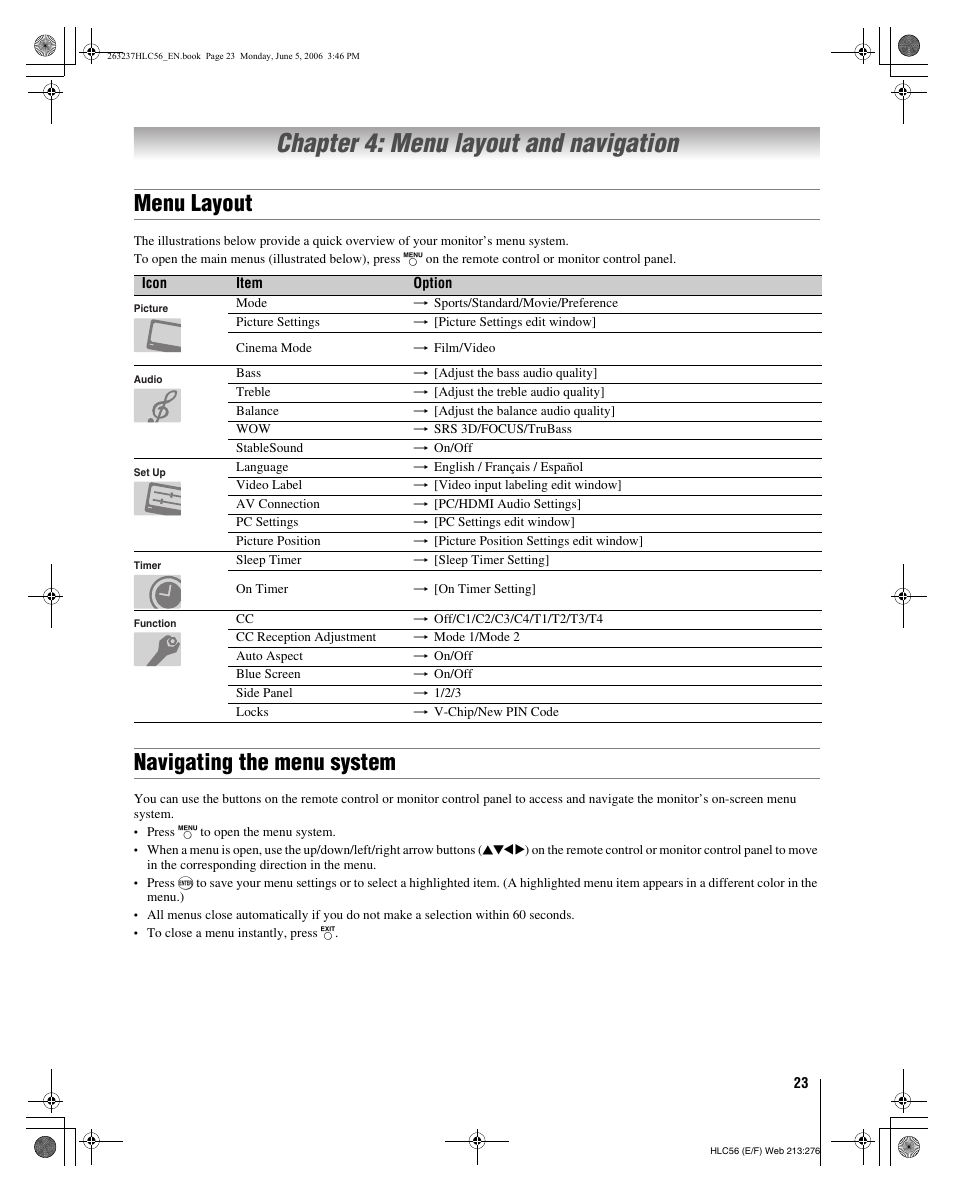 Chapter 4: menu layout and navigation, Menu layout, Navigating the menu system | Toshiba 32HLC56 User Manual | Page 23 / 46