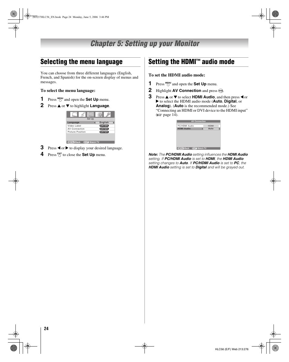 Chapter 5: setting up your monitor, Selecting the menu language, Setting the hdmi | Audio mode | Toshiba 32HLC56 User Manual | Page 24 / 46