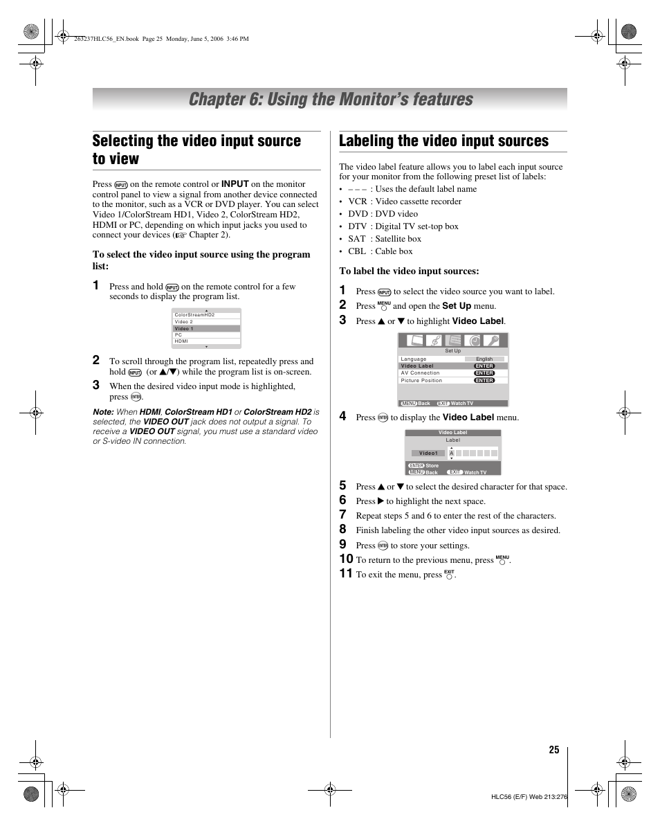 Chapter 6: using the monitor’s features, Selecting the video input source to view, Labeling the video input sources | Toshiba 32HLC56 User Manual | Page 25 / 46