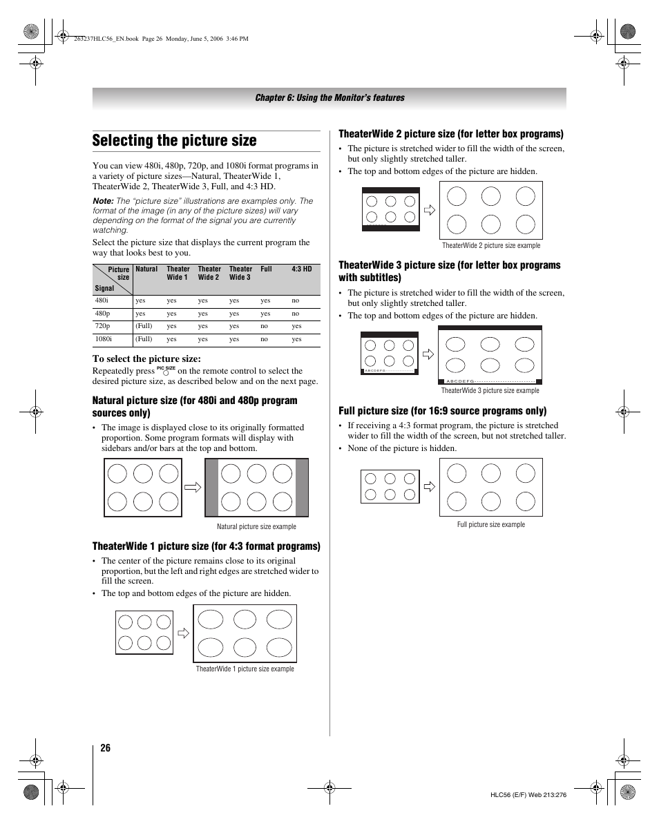 Selecting the picture size, Full picture size (for 16:9 source programs only) | Toshiba 32HLC56 User Manual | Page 26 / 46