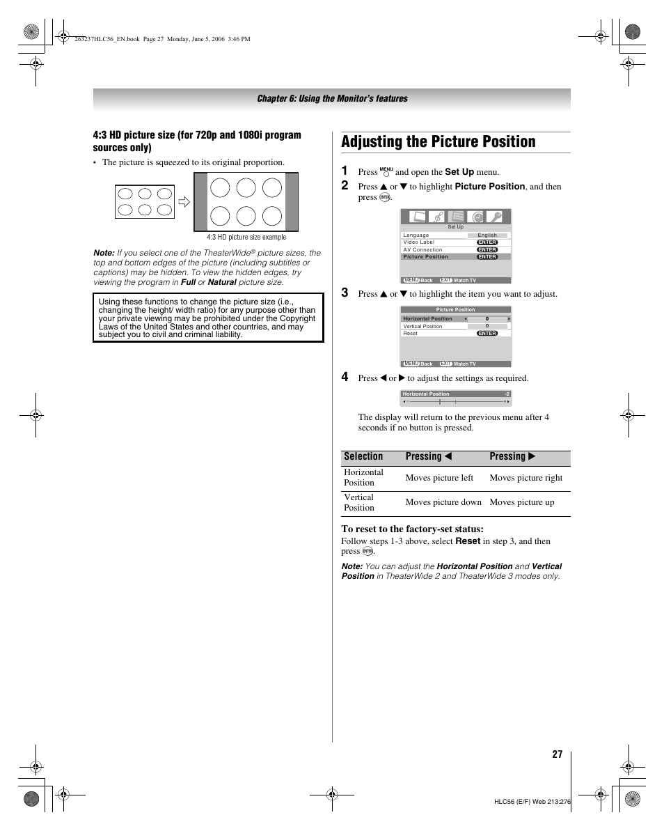 Adjusting the picture position, Selection pressing c pressing c | Toshiba 32HLC56 User Manual | Page 27 / 46