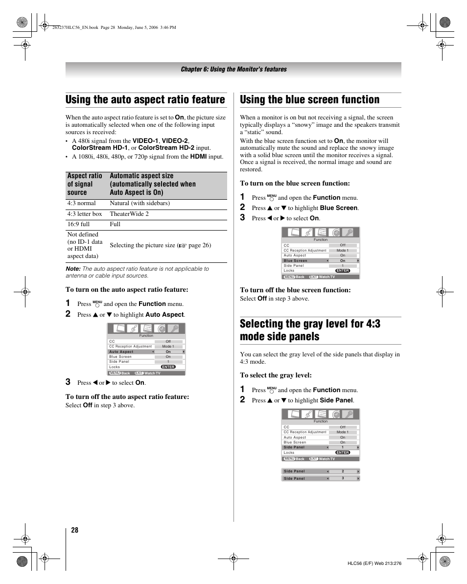 Using the auto aspect ratio feature, Using the blue screen function, Selecting the gray level for 4:3 mode side panels | Toshiba 32HLC56 User Manual | Page 28 / 46