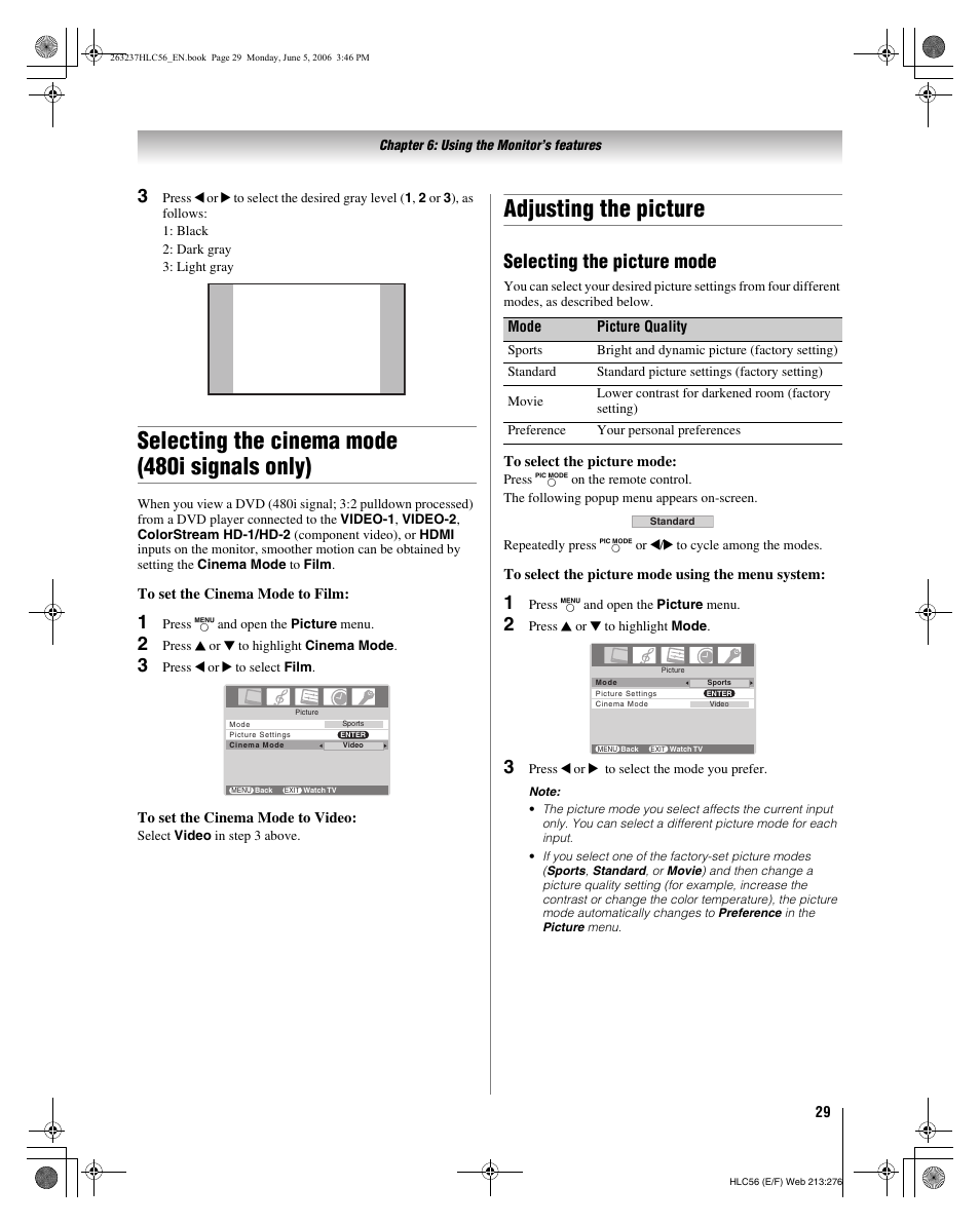 Selecting the cinema mode (480i signals only), Adjusting the picture, Selecting the picture mode | Toshiba 32HLC56 User Manual | Page 29 / 46