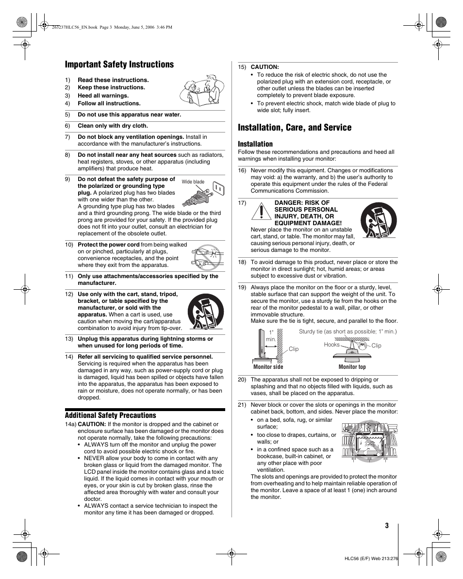 Important safety instructions, Installation, care, and service, Additional safety precautions | Installation | Toshiba 32HLC56 User Manual | Page 3 / 46