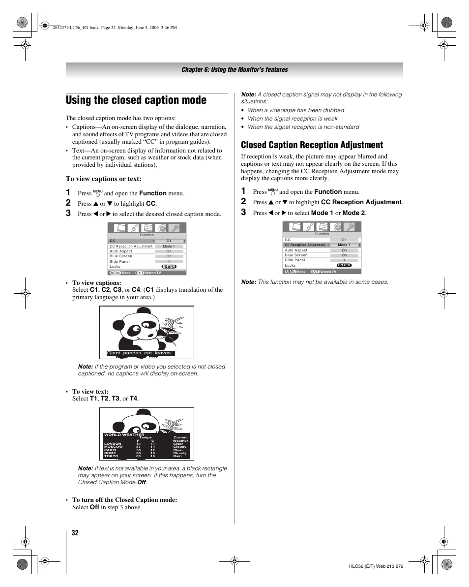 Using the closed caption mode, Closed caption reception adjustment | Toshiba 32HLC56 User Manual | Page 32 / 46