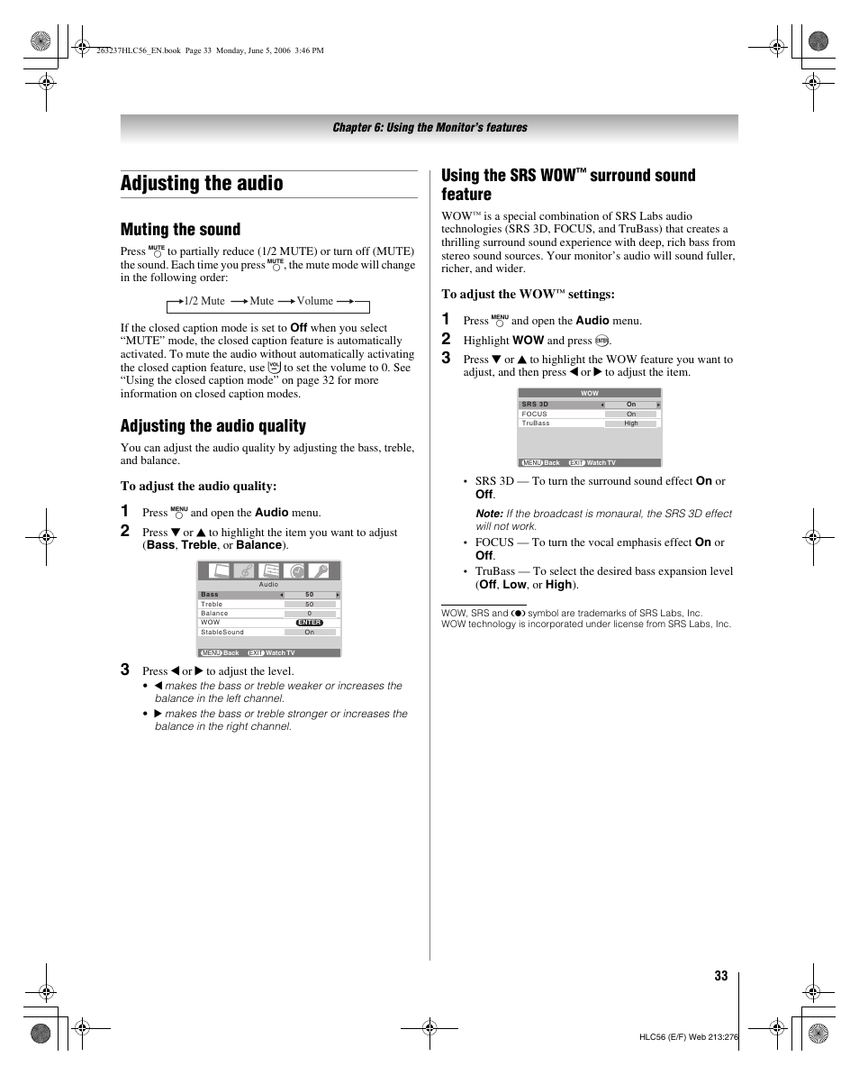 Adjusting the audio, Muting the sound, Adjusting the audio quality | Using the srs wow, Surround sound feature | Toshiba 32HLC56 User Manual | Page 33 / 46