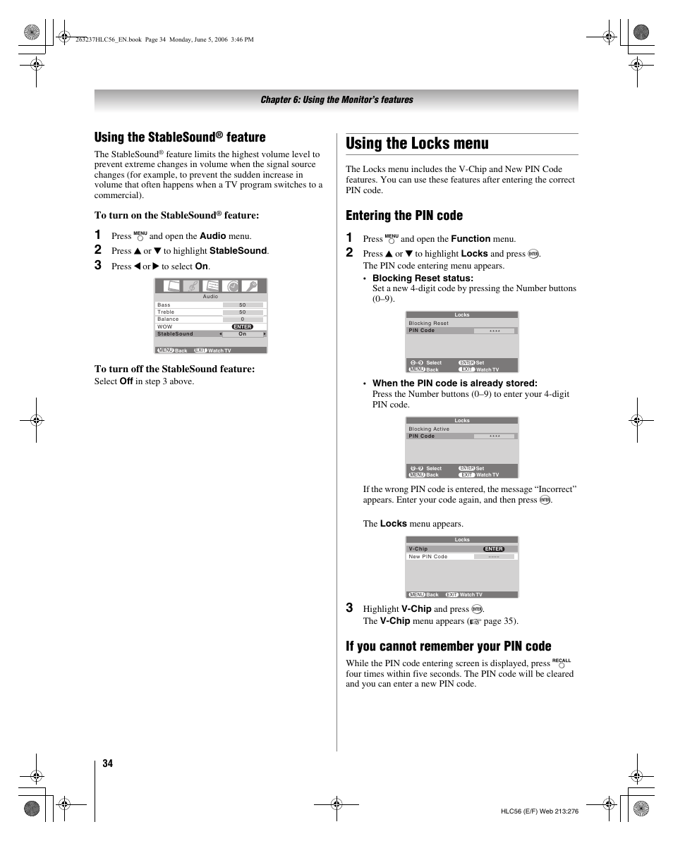 Using the locks menu, Using the stablesound, Feature | Entering the pin code 1, If you cannot remember your pin code | Toshiba 32HLC56 User Manual | Page 34 / 46