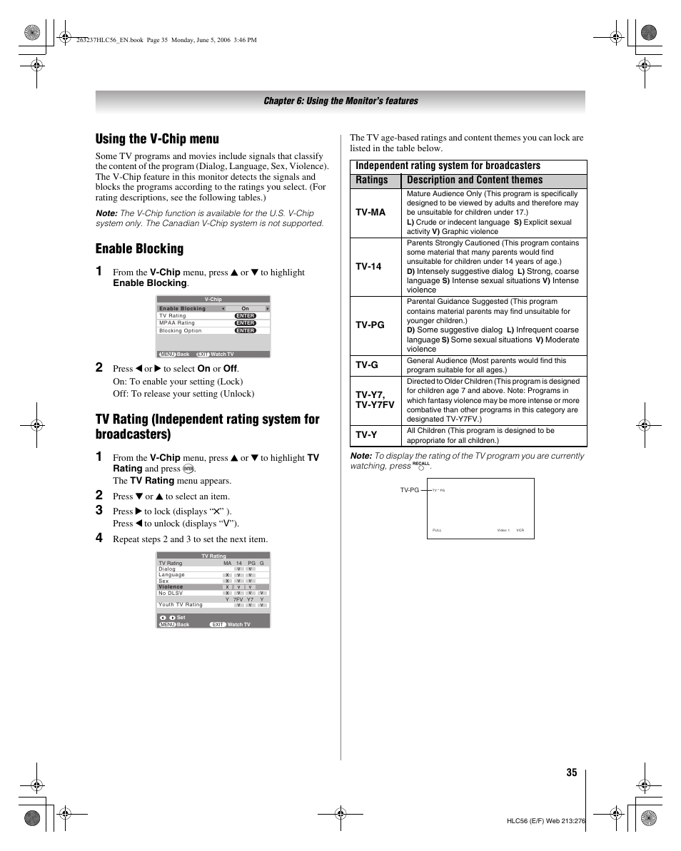 Using the v-chip menu, Enable blocking 1 | Toshiba 32HLC56 User Manual | Page 35 / 46