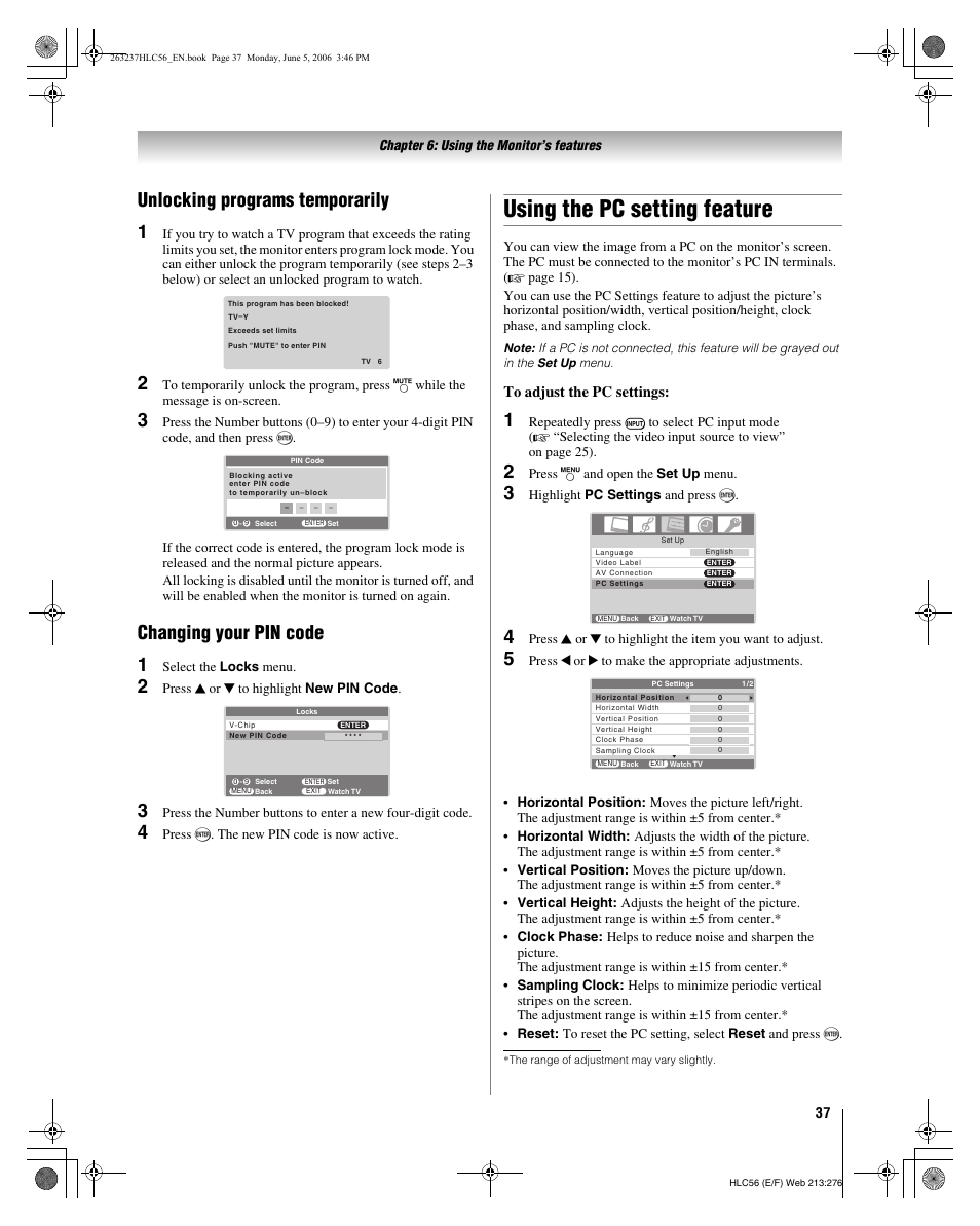 Using the pc setting feature, Unlocking programs temporarily 1, Changing your pin code 1 | Toshiba 32HLC56 User Manual | Page 37 / 46