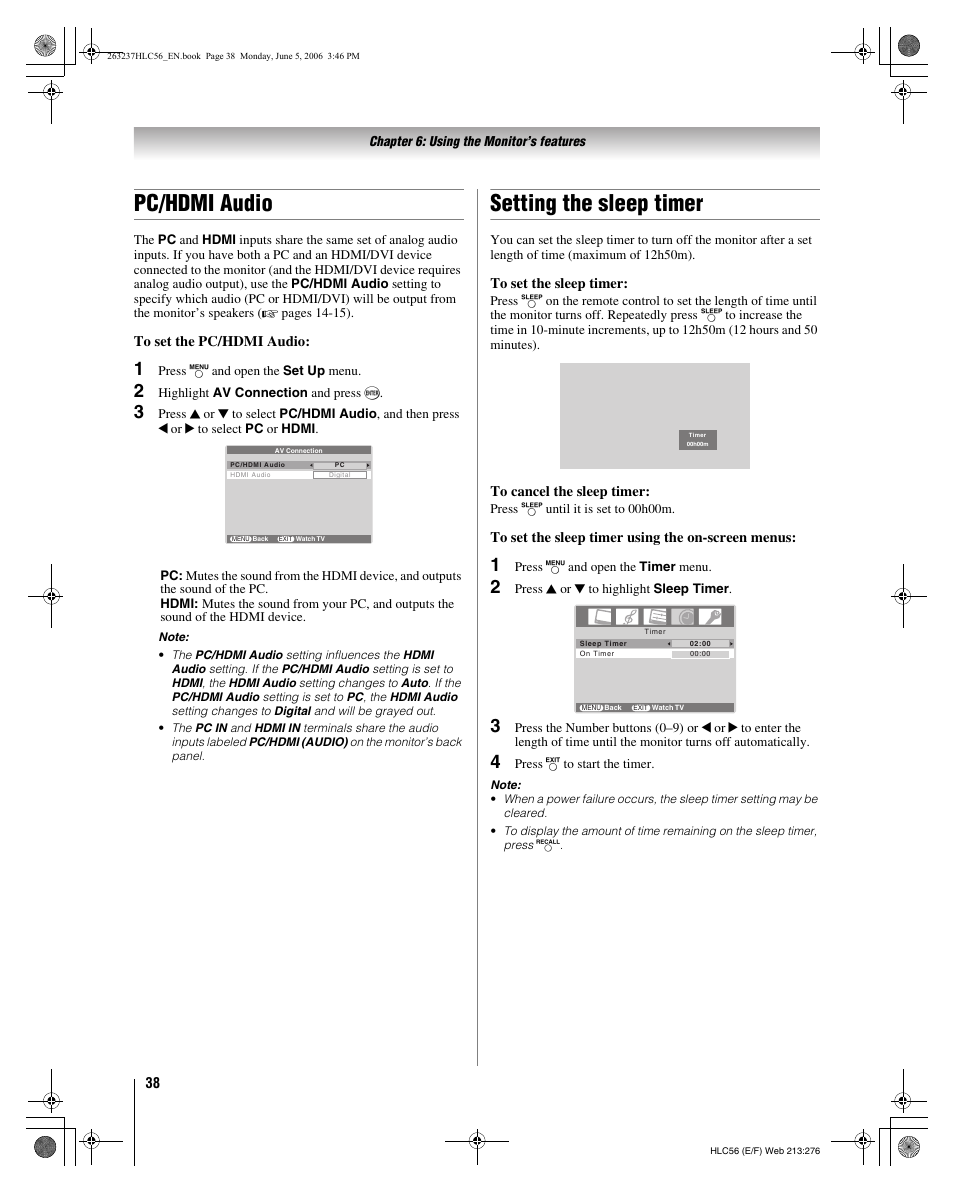 Pc/hdmi audio, Setting the sleep timer | Toshiba 32HLC56 User Manual | Page 38 / 46