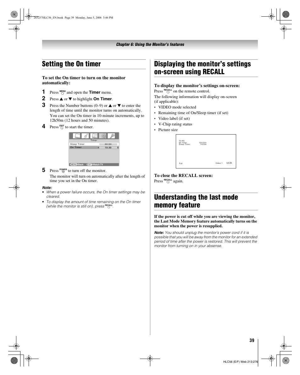 Setting the on timer | Toshiba 32HLC56 User Manual | Page 39 / 46