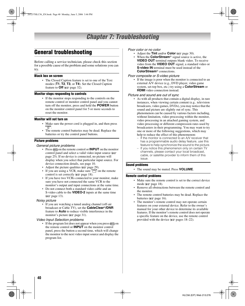 Chapter 7: troubleshooting, General troubleshooting | Toshiba 32HLC56 User Manual | Page 40 / 46