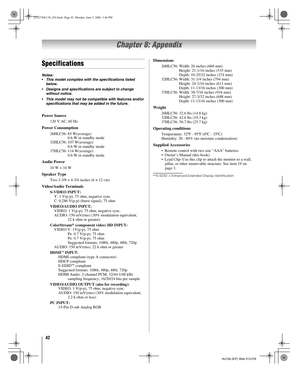 Chapter 8: appendix, Specifications | Toshiba 32HLC56 User Manual | Page 42 / 46