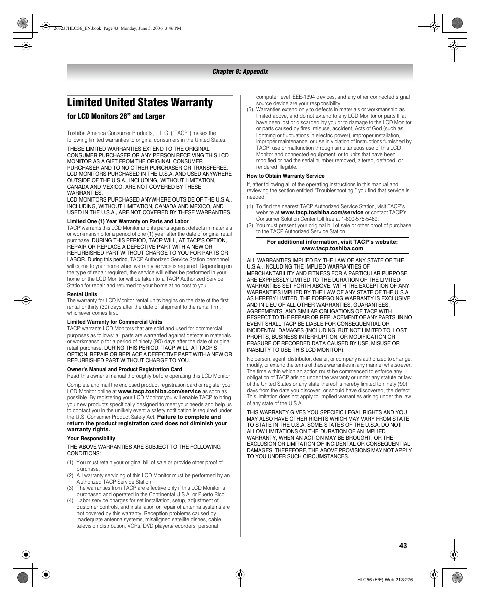 Limited united states warranty | Toshiba 32HLC56 User Manual | Page 43 / 46