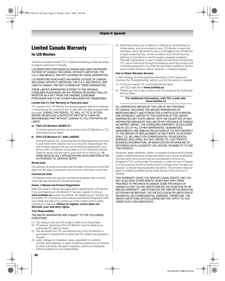 Limited canada warranty | Toshiba 32HLC56 User Manual | Page 44 / 46