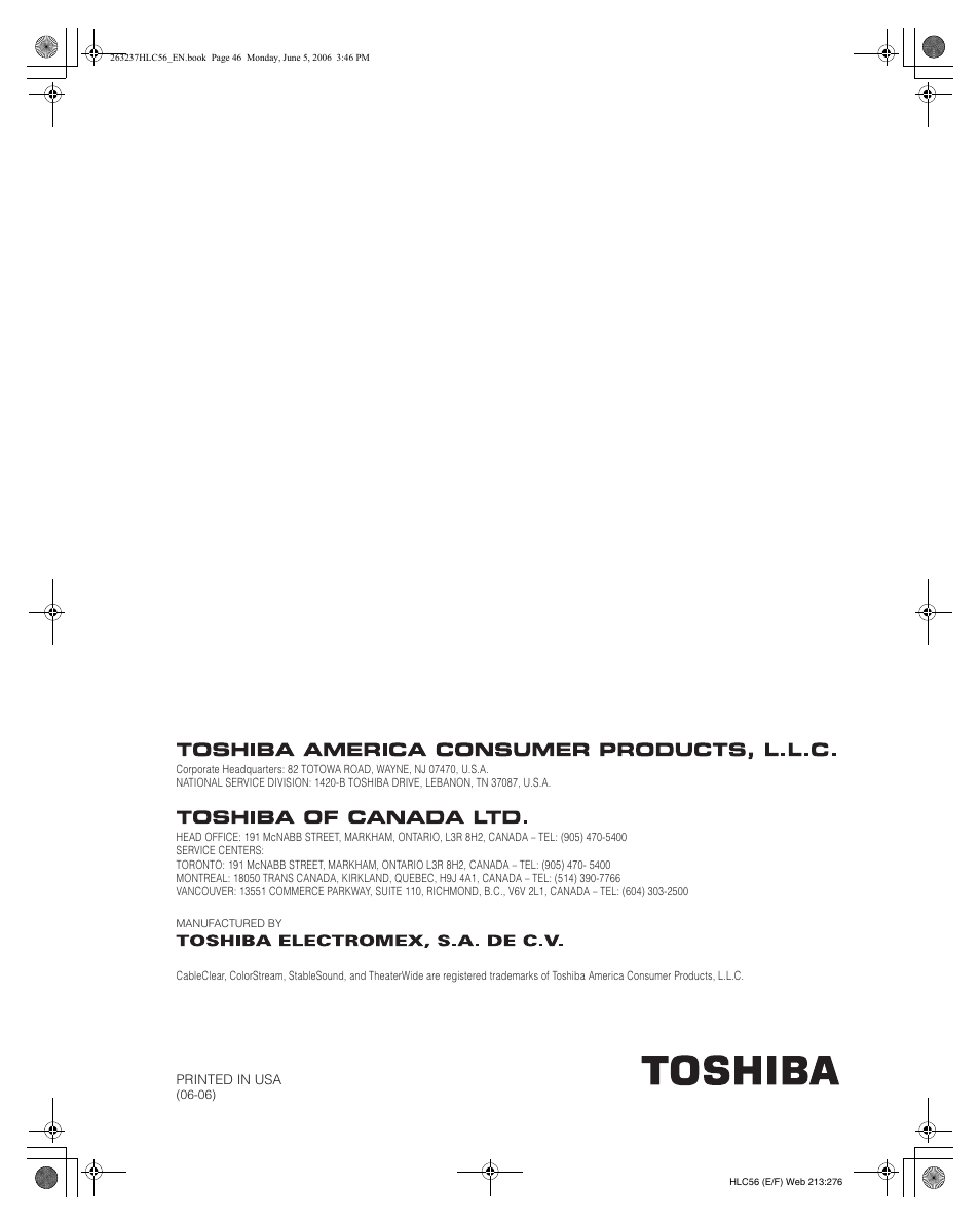 Toshiba 32HLC56 User Manual | Page 46 / 46