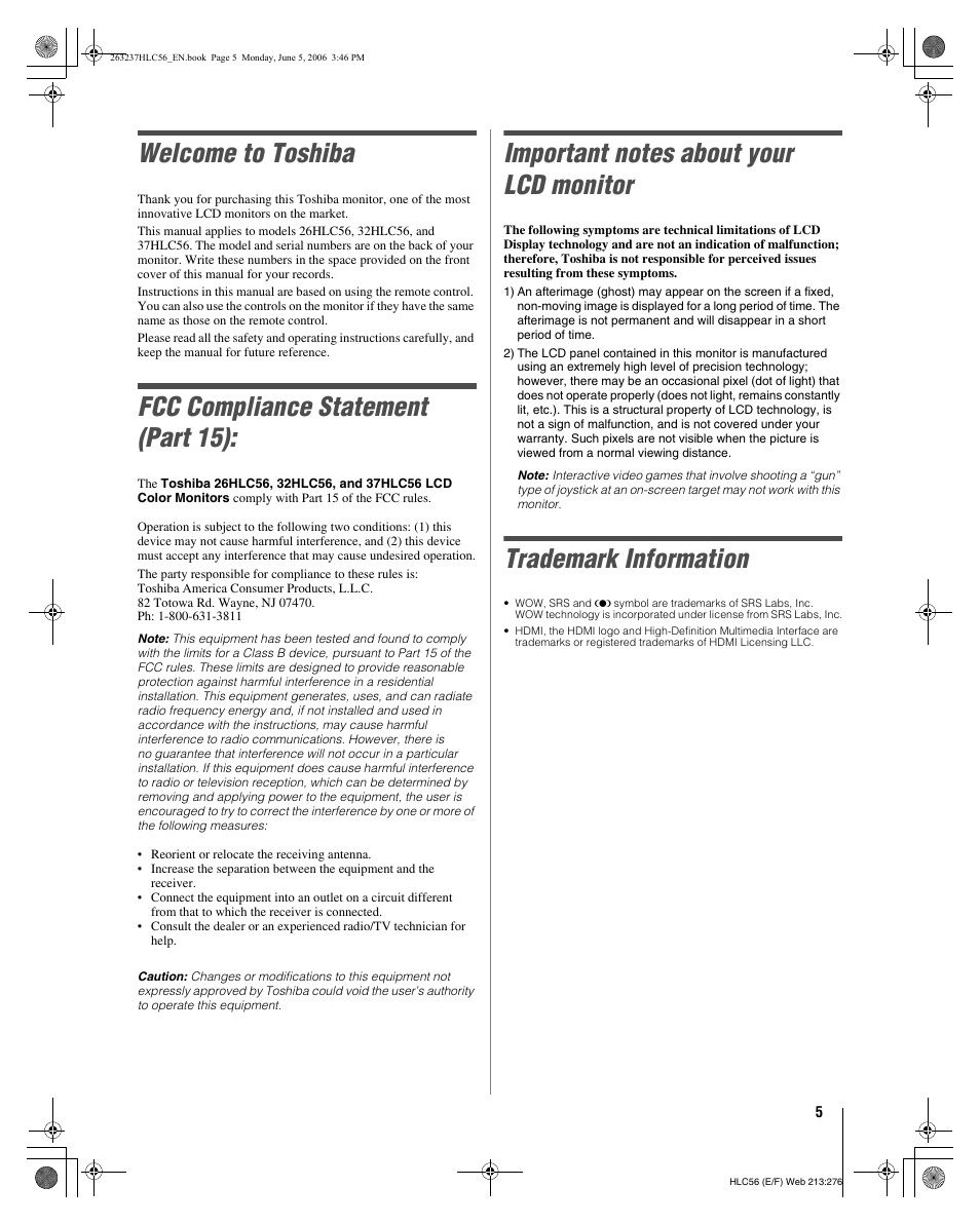 Welcome to toshiba, Fcc compliance statement (part 15), Trademark information | Toshiba 32HLC56 User Manual | Page 5 / 46