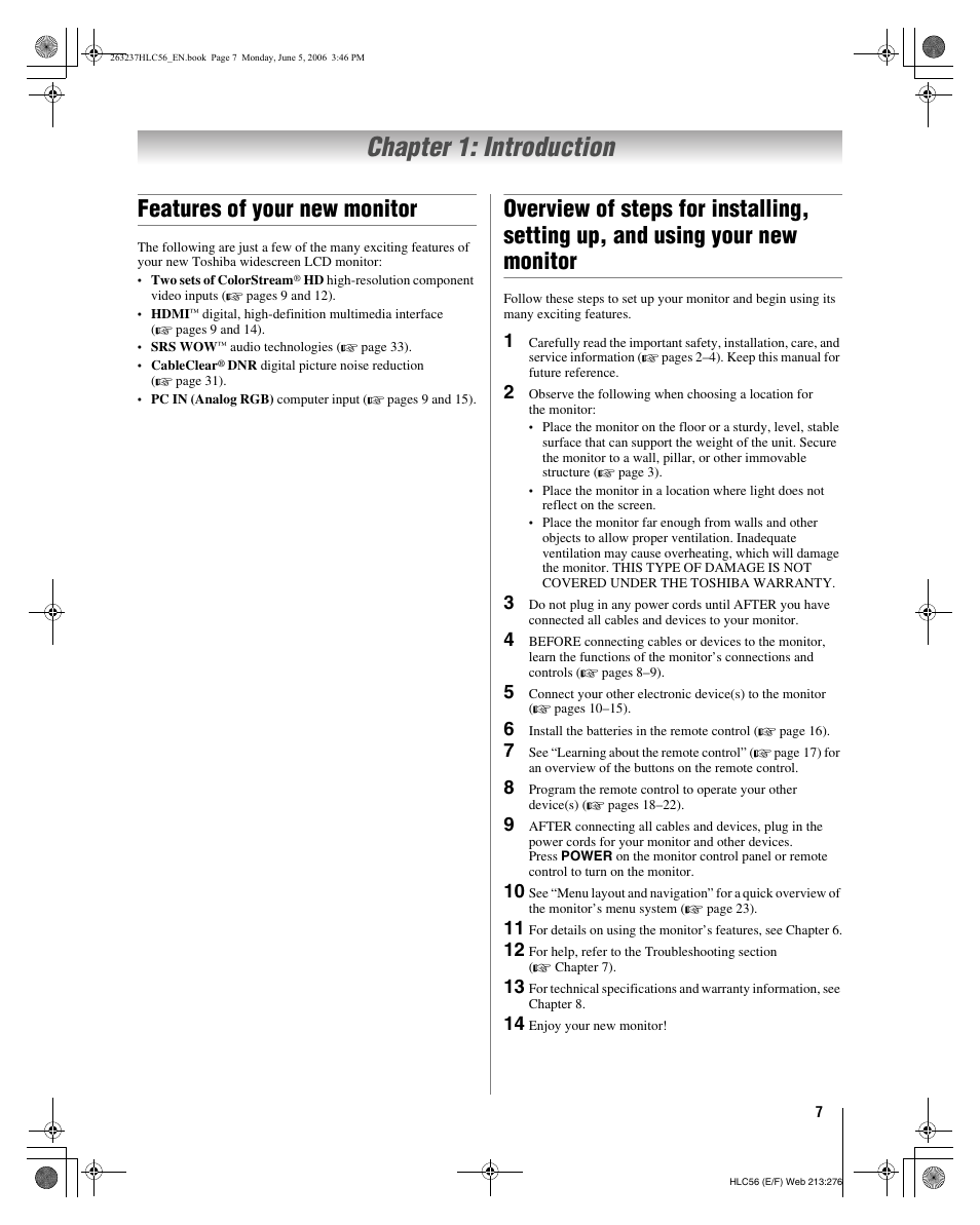Chapter 1: introduction, Features of your new monitor | Toshiba 32HLC56 User Manual | Page 7 / 46