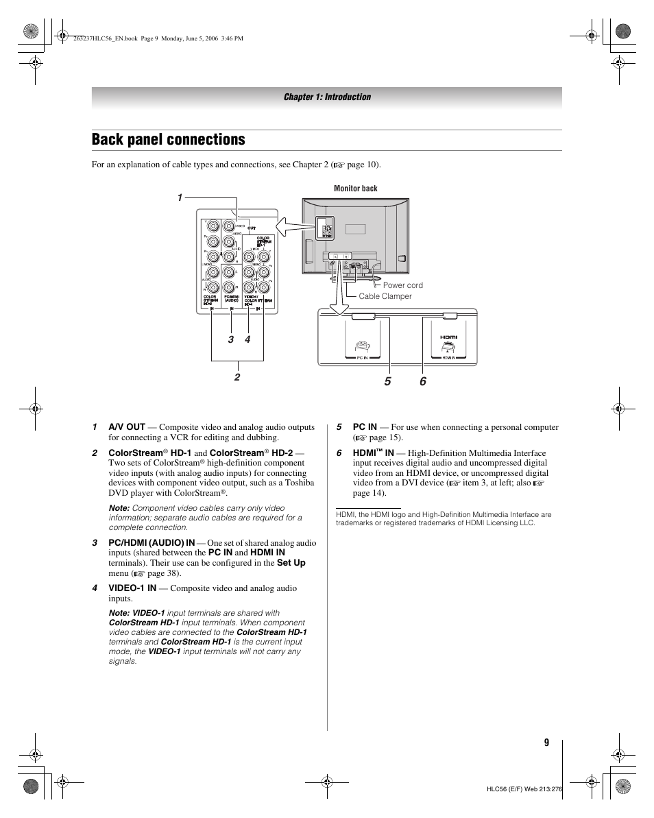 Back panel connections | Toshiba 32HLC56 User Manual | Page 9 / 46