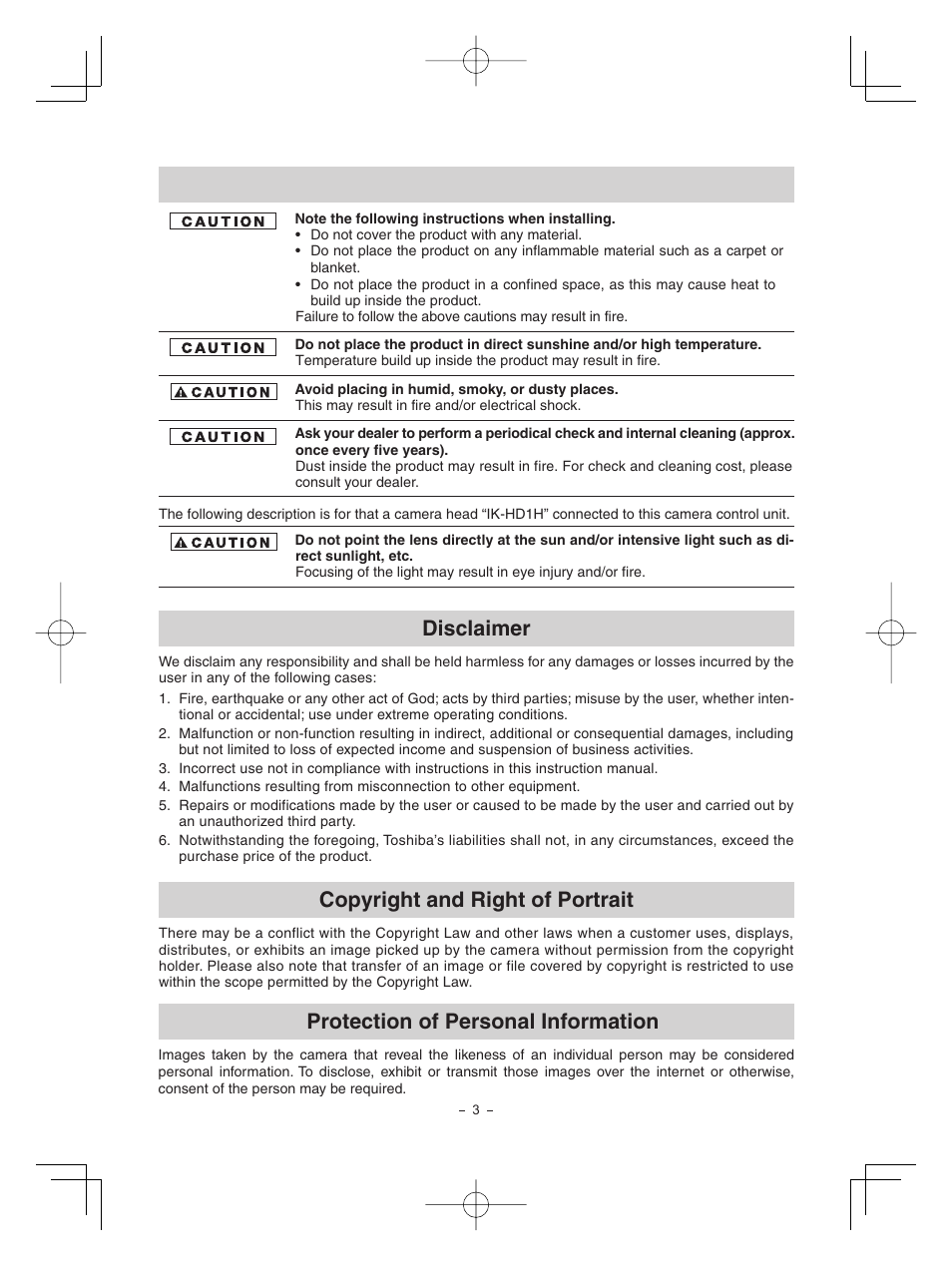 Disclaimer, Copyright and right of portrait, Protection of personal information | Toshiba IK - HD1C User Manual | Page 3 / 35