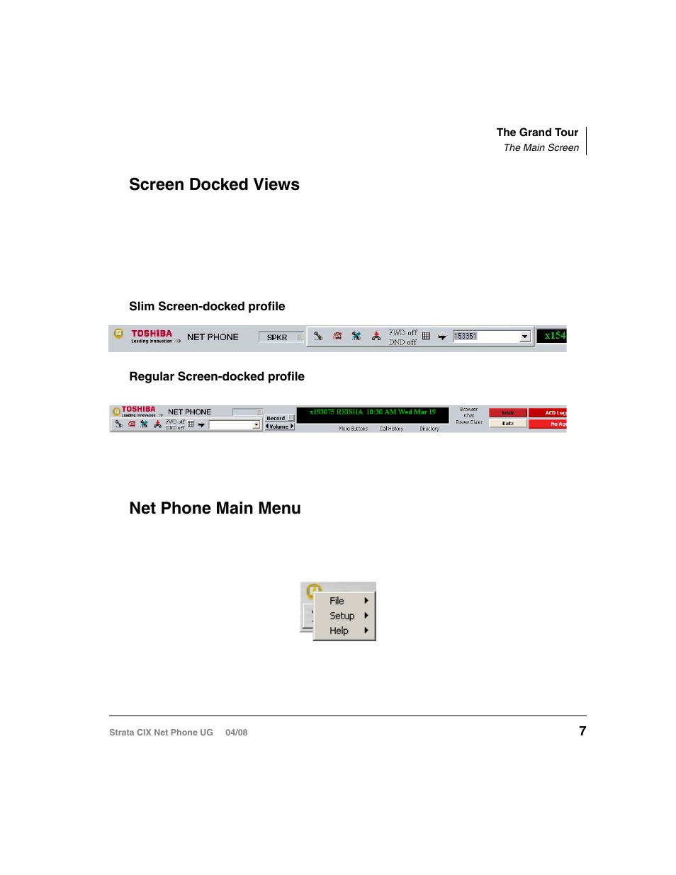 Screen docked views, Net phone main menu, Screen docked views net phone main menu | Toshiba Strata CIX100-S User Manual | Page 21 / 142