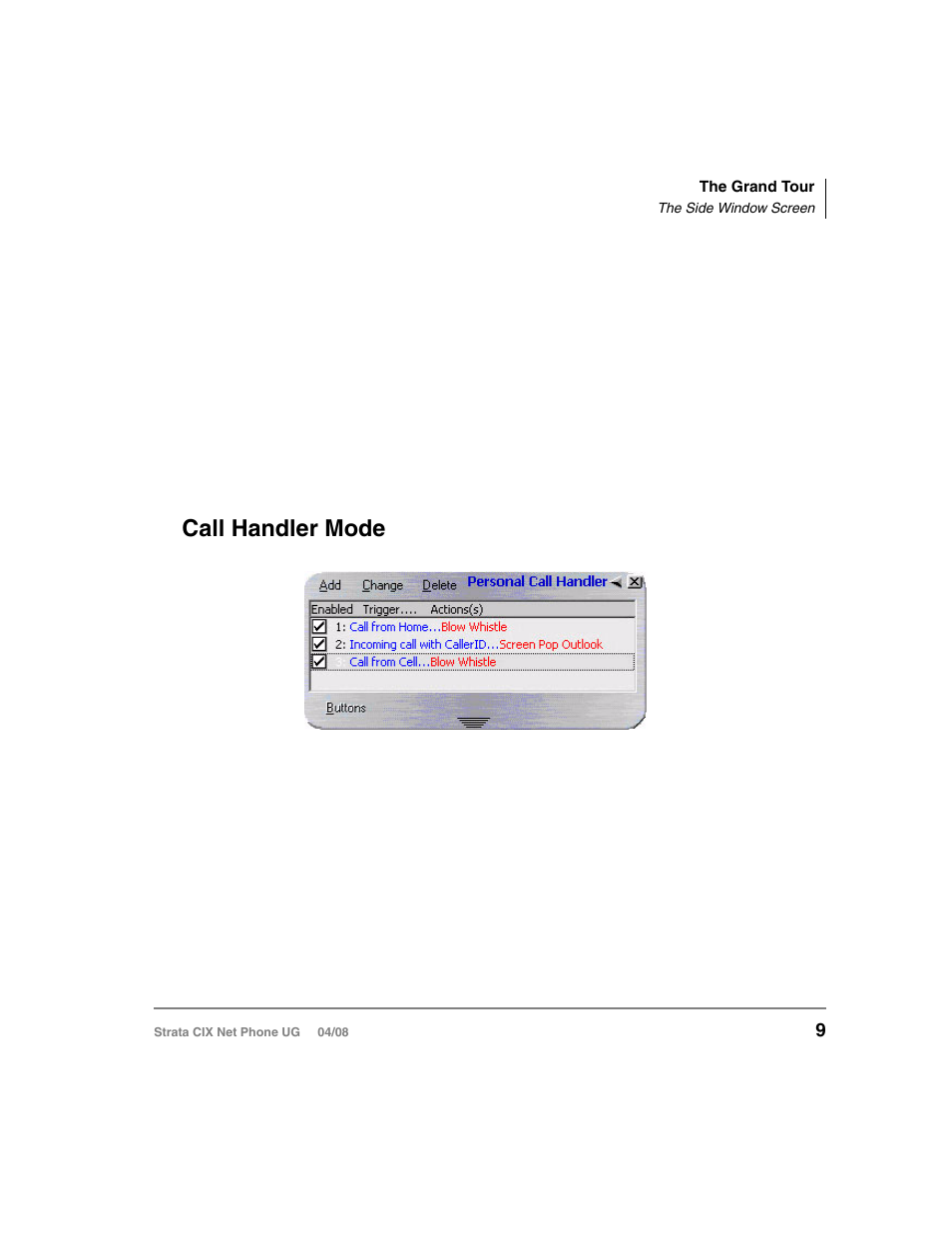 The side window screen, Call handler mode | Toshiba Strata CIX100-S User Manual | Page 23 / 142