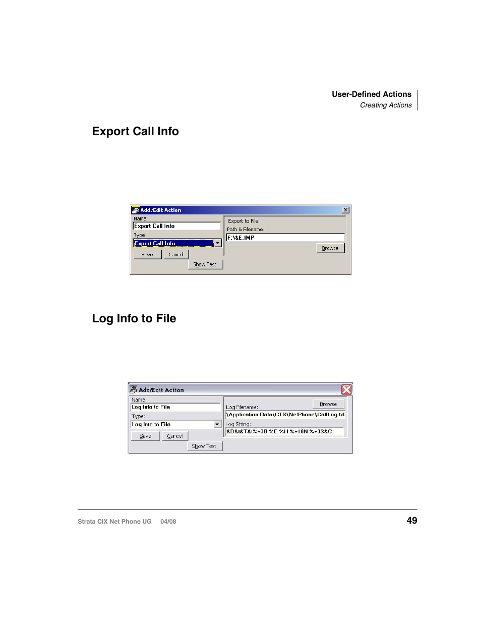 Export call info, Log info to file, Export call info log info to file | Toshiba Strata CIX100-S User Manual | Page 63 / 142