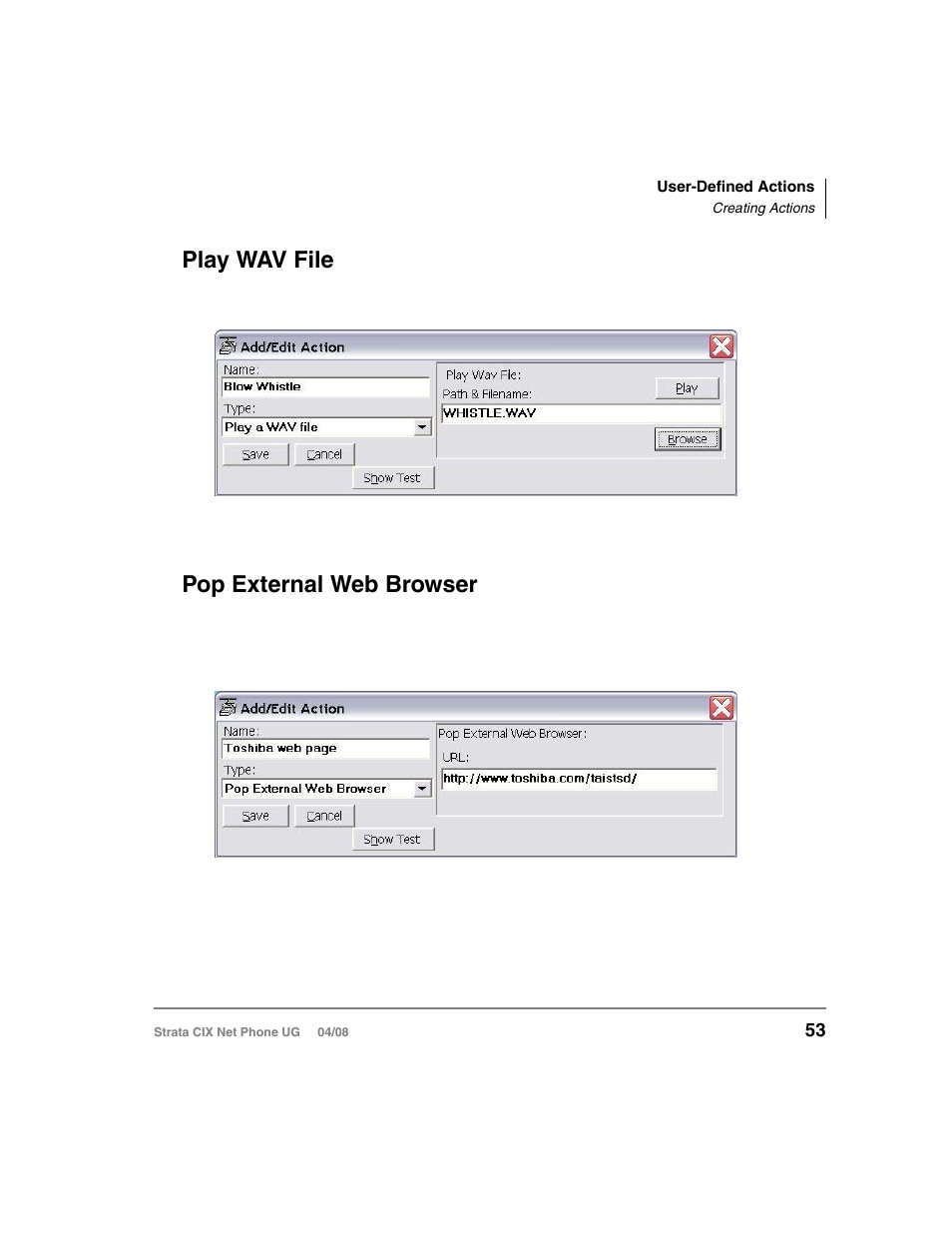 Play wav file, Pop external web browser, Play wav file pop external web browser | Toshiba Strata CIX100-S User Manual | Page 67 / 142