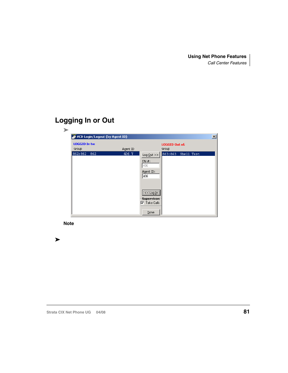 Call center features, Logging in or out | Toshiba Strata CIX100-S User Manual | Page 95 / 142
