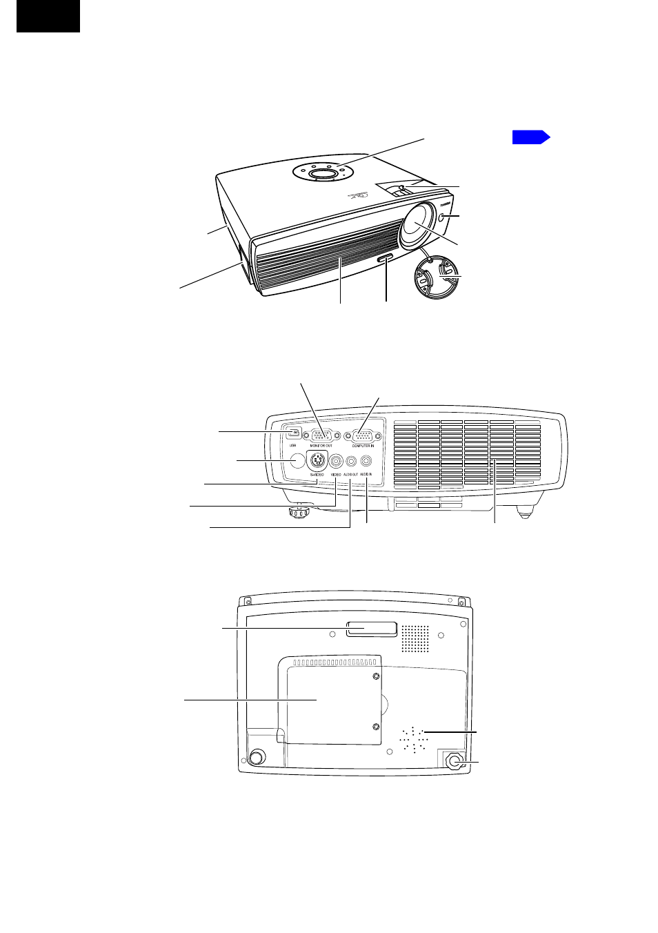 Projector exterior view, Front / upper side rear side bottom side | Toshiba TDP-P75 User Manual | Page 16 / 45