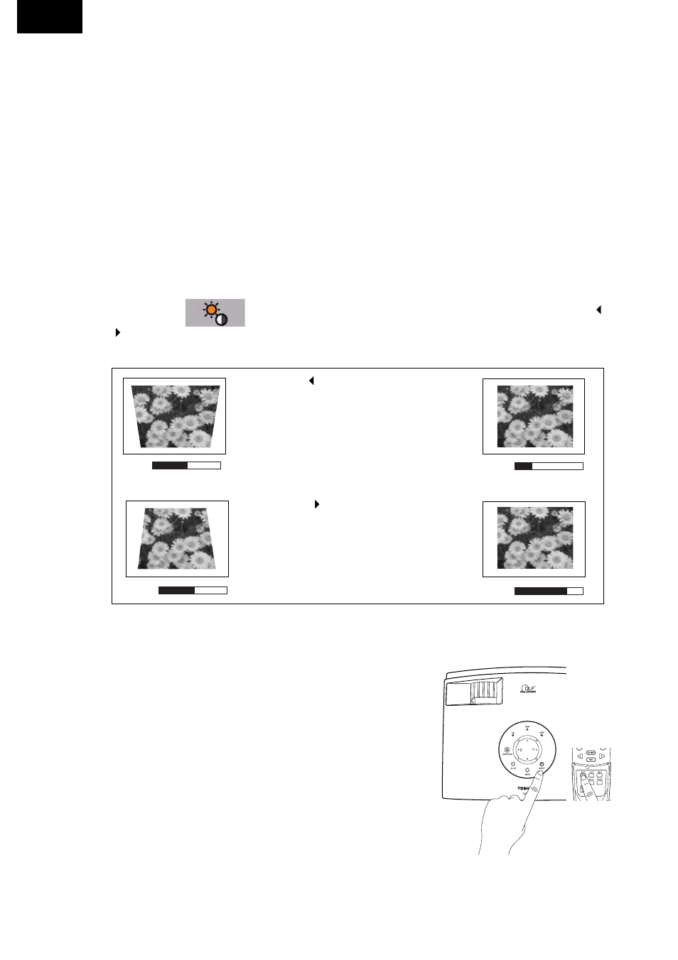 Adjusting the volume, Correcting keystone, Switching input signals | P.28 | Toshiba TDP-P75 User Manual | Page 28 / 45