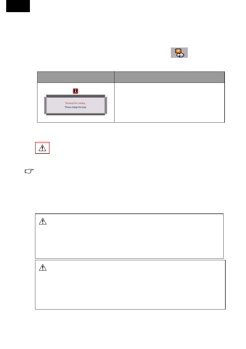 Lamp warning message, Replacing the lamp, Lamp warning message replacing the lamp | Toshiba TDP-P75 User Manual | Page 38 / 45