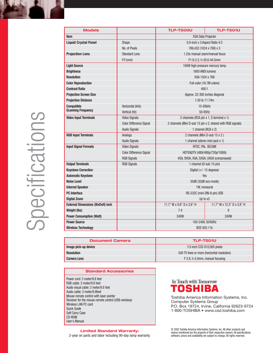 Specifications | Toshiba T501U Series User Manual | Page 2 / 2