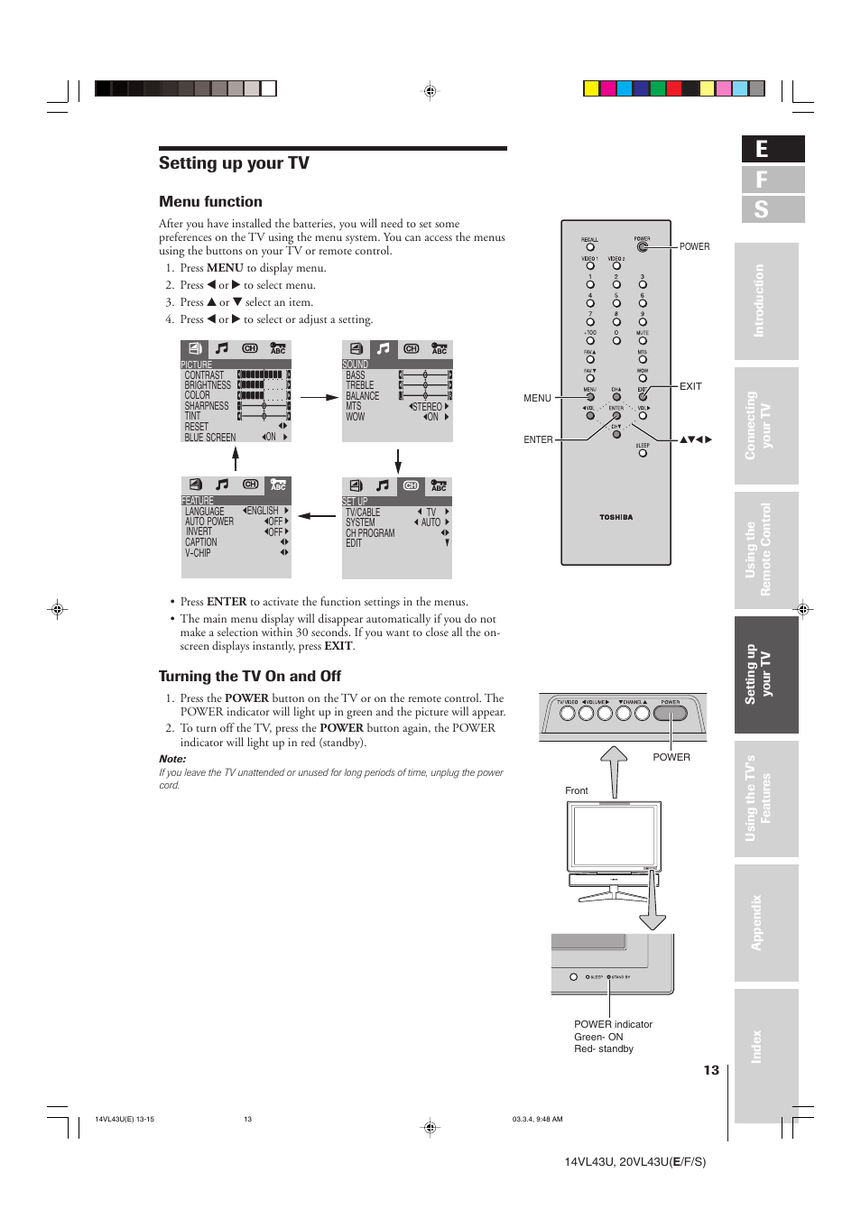 E f s, Setting up your tv, Menu function | Turning the tv on and off | Toshiba 14VL43U User Manual | Page 13 / 32